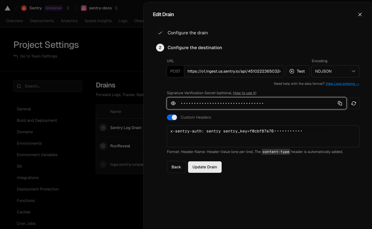 Vercel Drains Settings